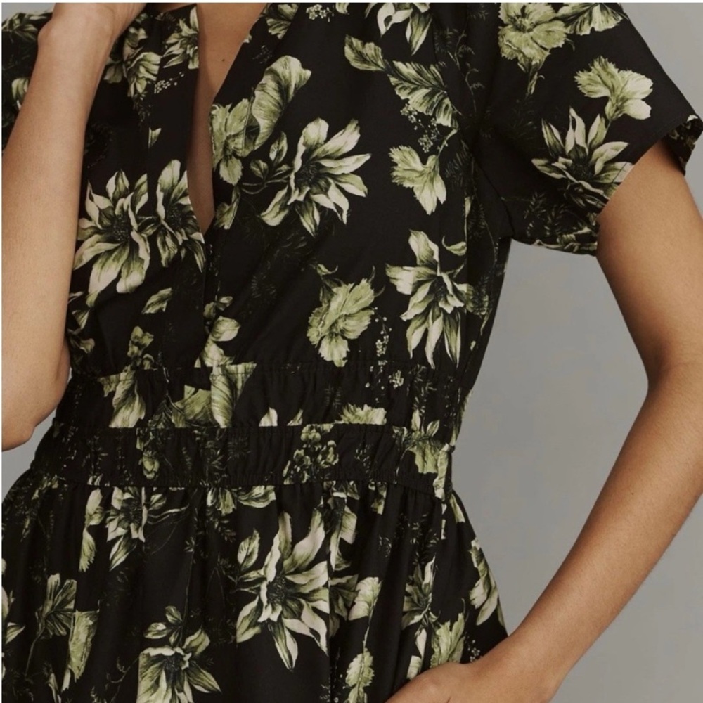 Anthropologie Black and Green Floral High Low Dress - Picture 2 of 7